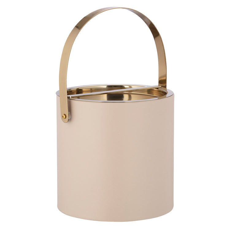 Taupe | Polished gold arch handle on a taupe leatherette ice bucket with elegant detail.