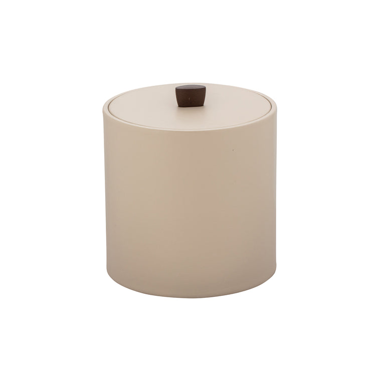 Taupe | 3qt leatherette ice bucket with bronze arc knob on a white background.