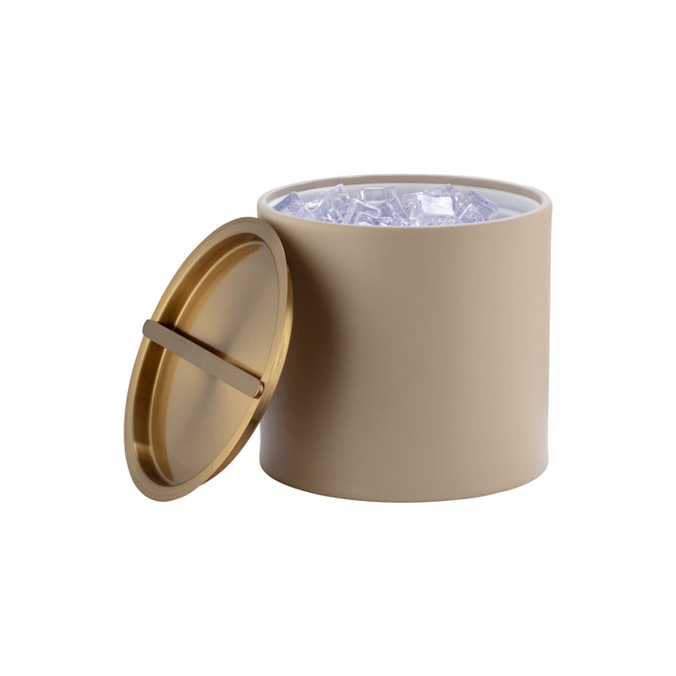 Taupe | opened Ice bucket with brushed gold cover to the side to reveal interior, on a white background.