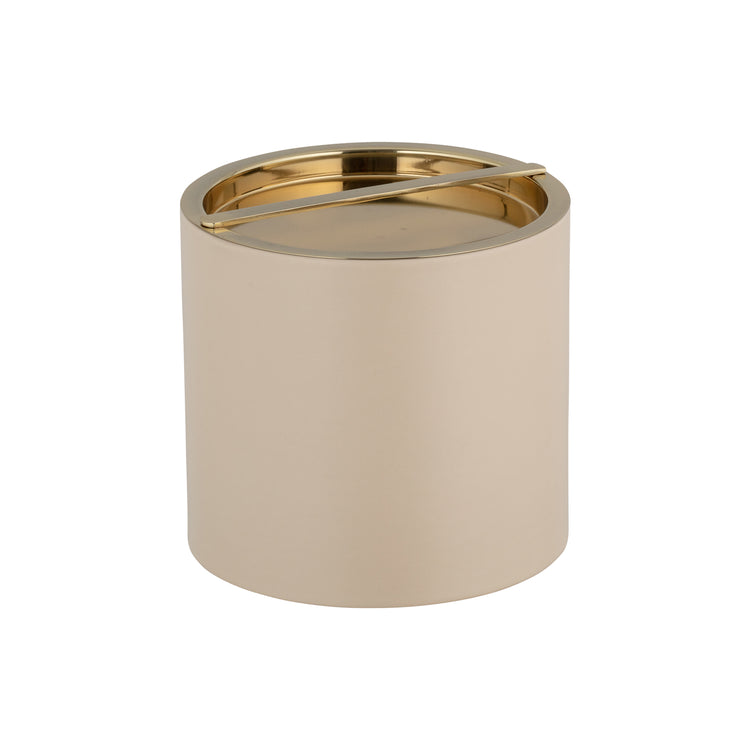 Taupe | Minimalist ice bucket with a leatherette body and matte gold cover, displayed on a white surface.