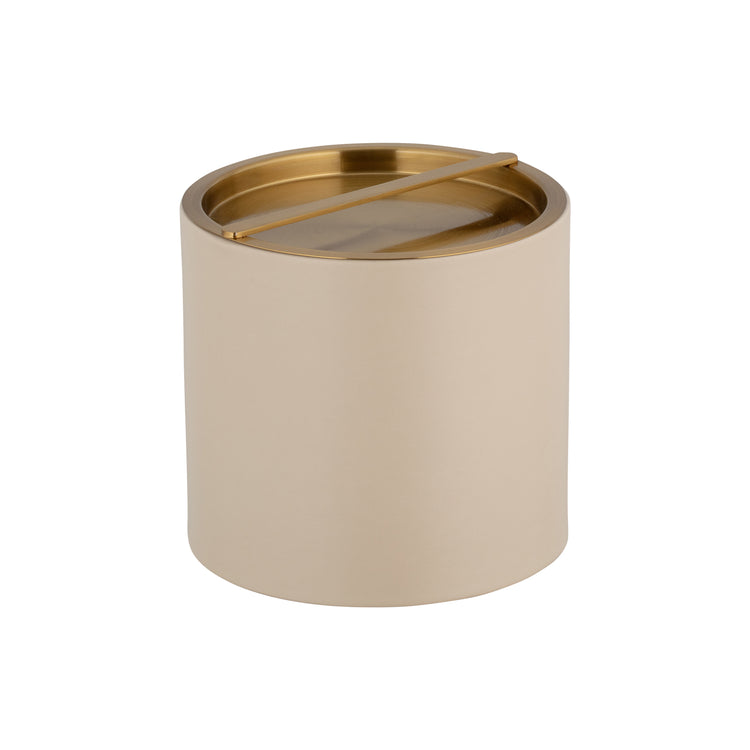Taupe | Leatherette ice bucket with gold bridge cover placed on a white background.