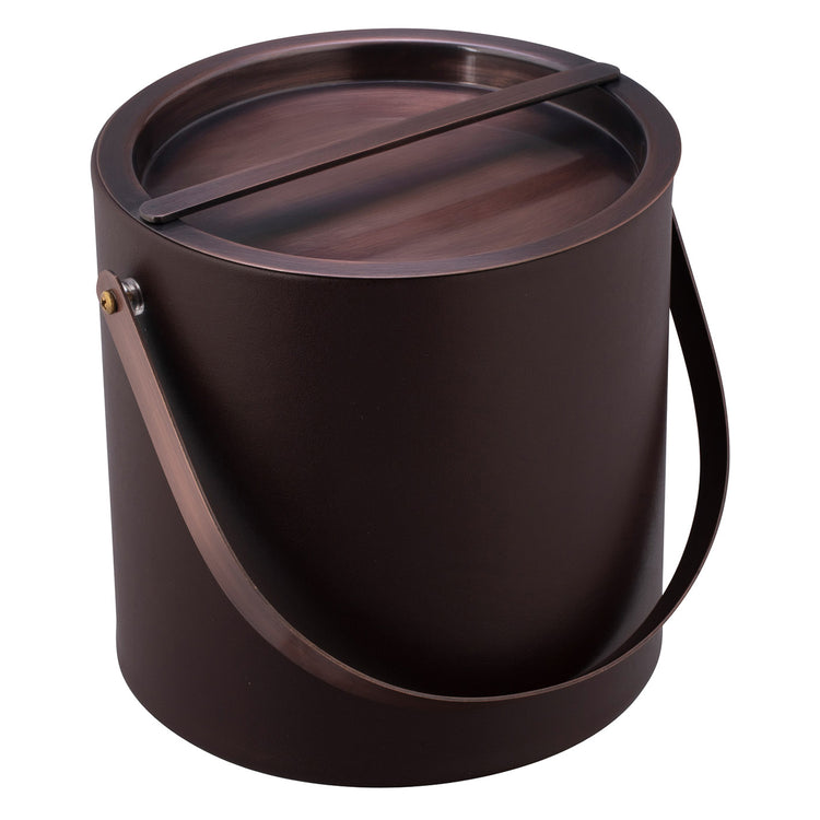 Chocolate | Premium leatherette ice bucket with oil rubbed bronze bridge-style cover and solid arch handle accent.