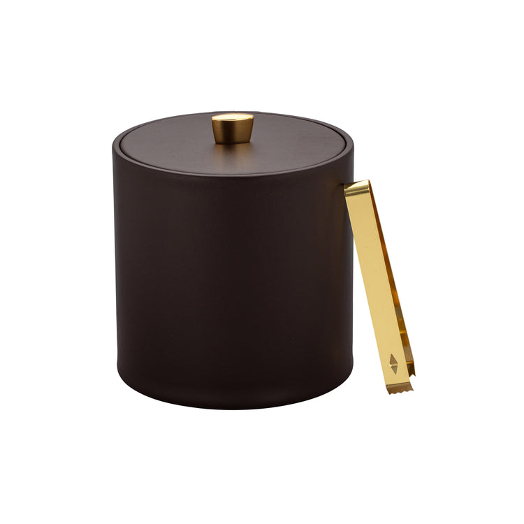 Chocolate | Front view of leatherette ice bucket with curved gold knob and matching leatherette cover.