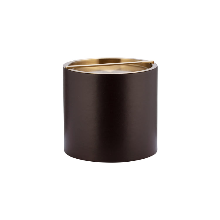 Chocolate | Front shot of closed leatherette ice bucket with gold cover, set on a white backdrop.