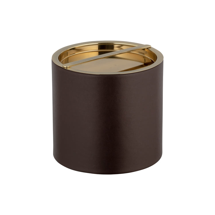 Chocolate | Stylish brown leatherette ice bucket and radiant gold top.