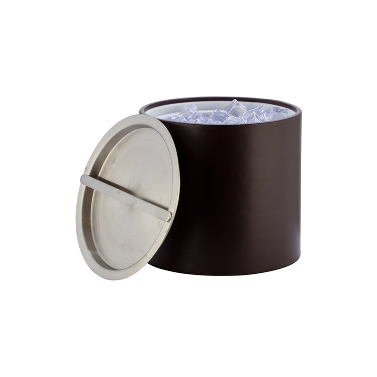 Chocolate | 3qt ice bucket with sleek leatherette body and chrome bridge cover off to the side to reveal ice inside.