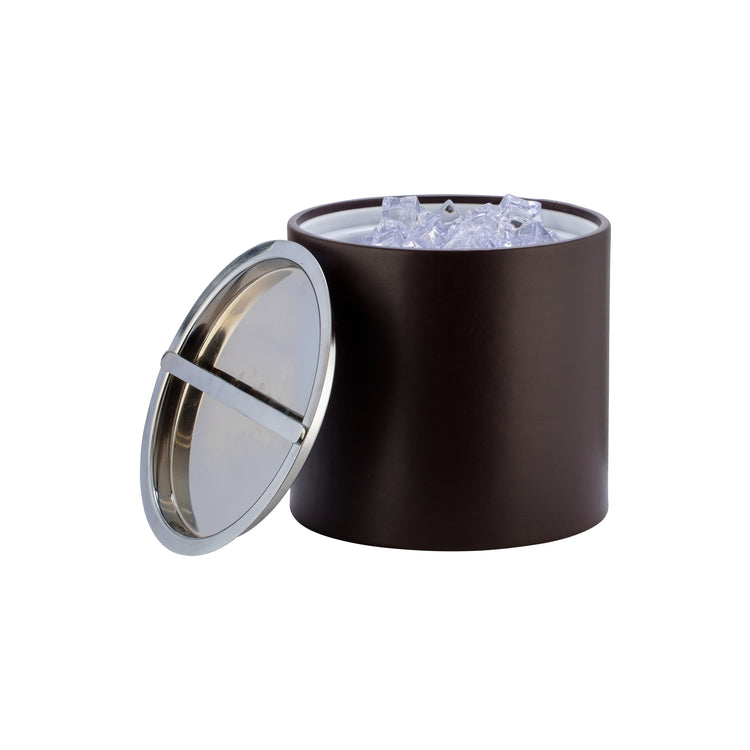 Chocolate | Manhattan leatherette ice bucket with cover off to see ice inside.