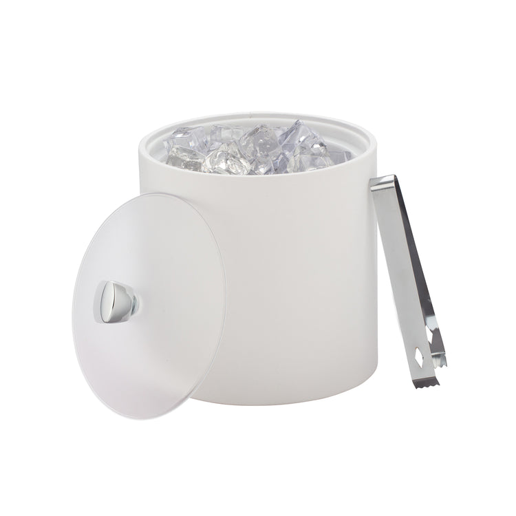 White | Functional yet elegant ice bucket with acrylic cover and polished chrome arc knob, styled with matching polished chrome ice tongs for luxury look.