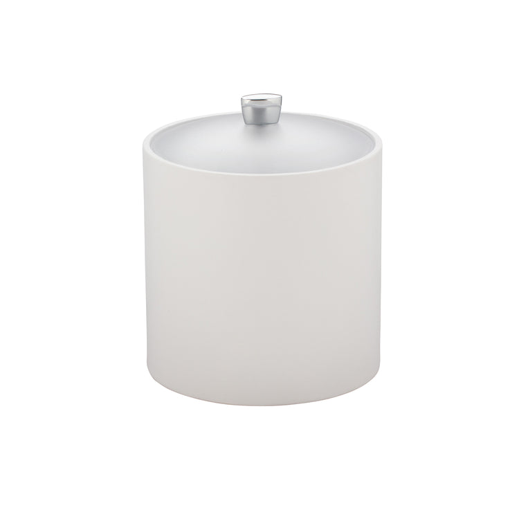 White | Leatherette ice bucket with polished chrome arc knob and acrylic cover ready for serving chilled beverages.