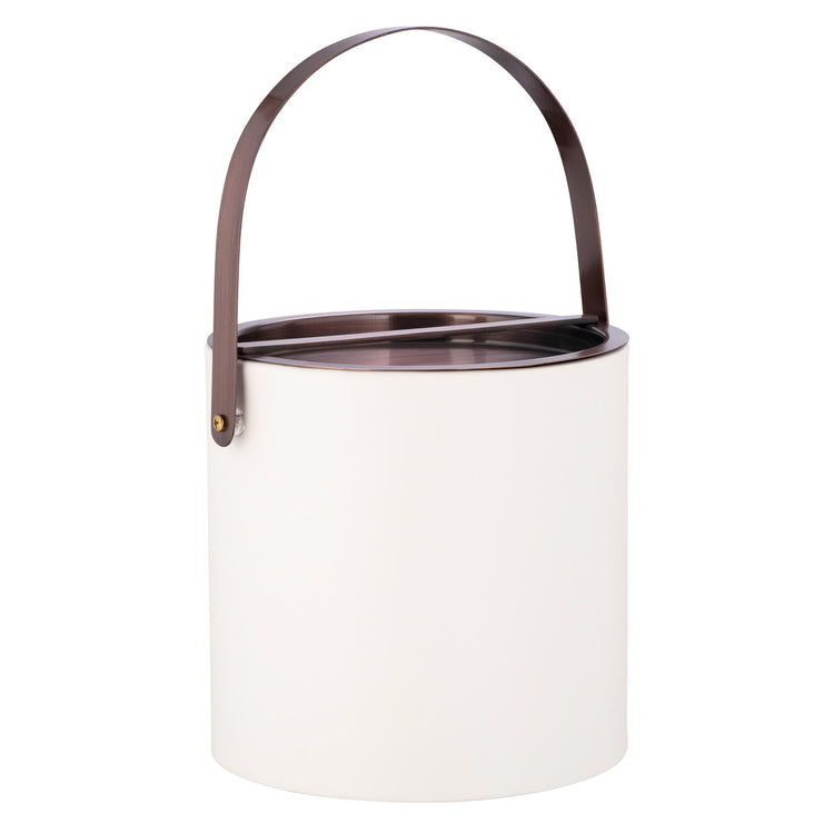 White | Entertaining essential ice bucket with distinctive oil rubbed bronze bridge cover and arch handle.
