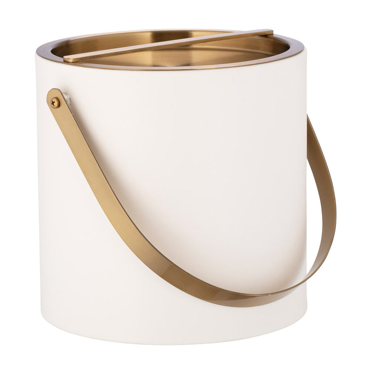 White | Sophisticated ice bucket with matte leatherette finish and brushed gold hardware, set on a white surface.