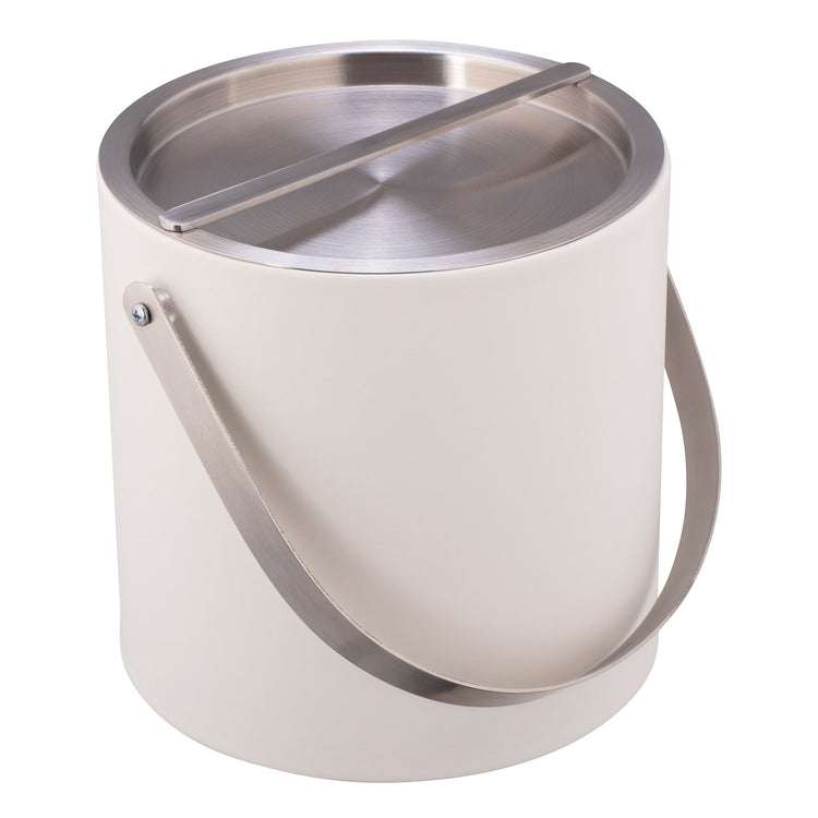 White | 3qt ice bucket with hand sewn leatherette and brushed chrome accents on white background.