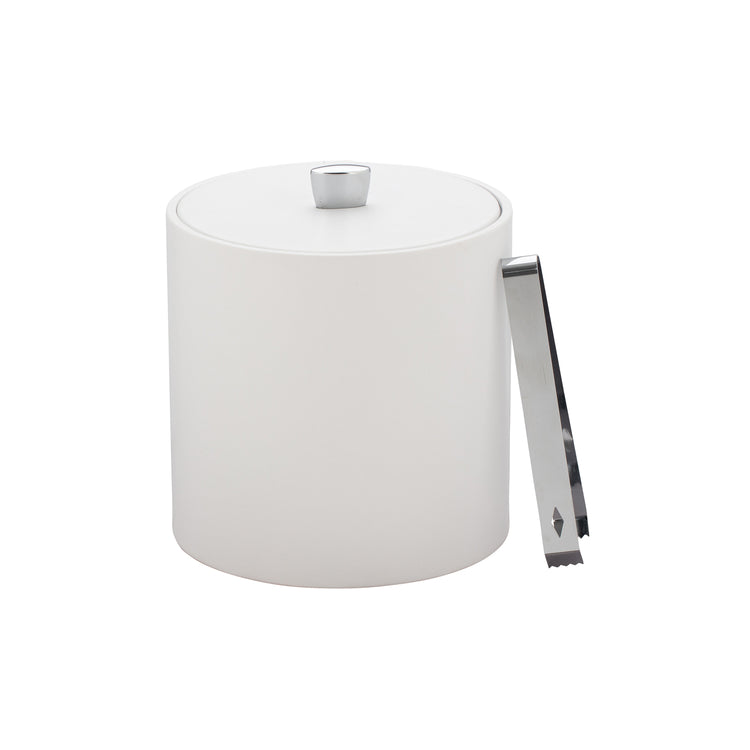 White | Leatherette 3qt ice bucket on a white background styled with polished chrome ice tongs.