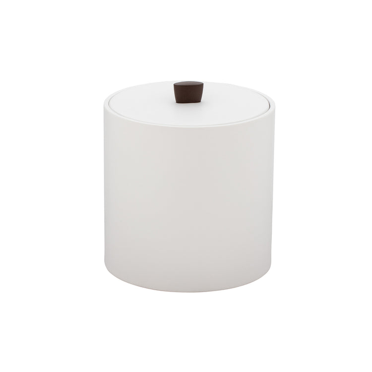 White | hand sewn leatherette ice bucket with warm-toned bronze arc knob, ideal for elegant home bar setups.