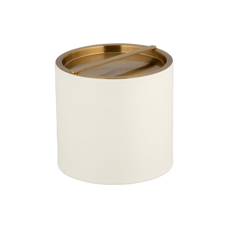 White | Front facing view of a leatherette ice bucket with brushed golden cover, cleanly presented on a white backdrop.