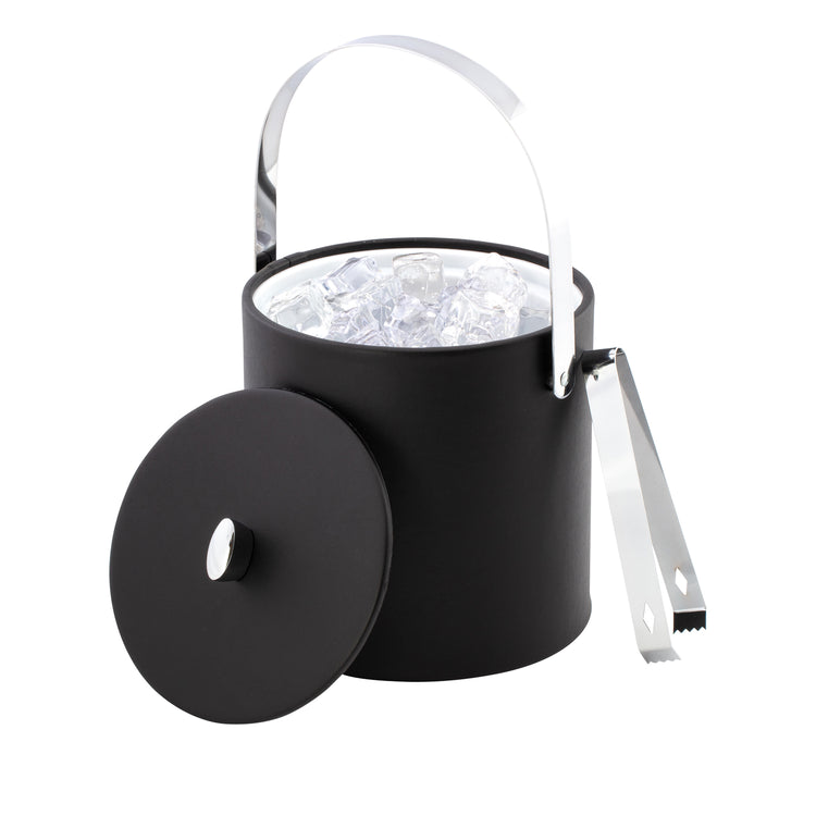 Black | detail view of chrome arc knob on matching lid of leatherette ice bucket placed on white background.