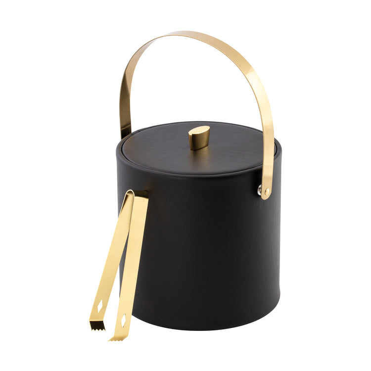 Black | Stylish leatherette ice bucket with polished gold arch handle with matching polished gold ice tongs.