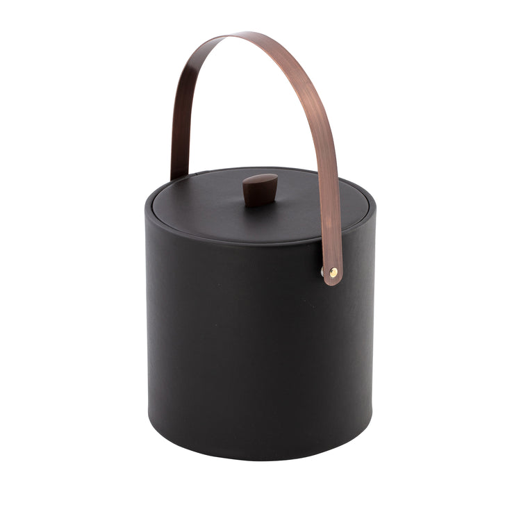 Black | Elegant leatherette ice bucket with bronze arc knob and arch handle for home bar use.