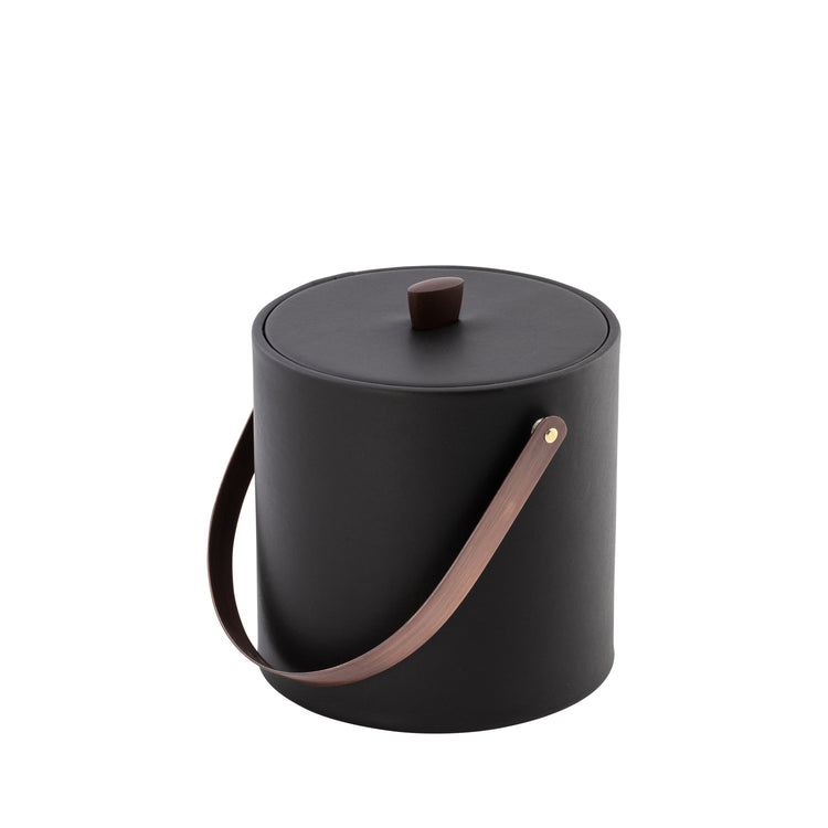 Black | leatherette-wrapped ice bucket with matching lid and oil-rubbed bronze arc knob and handle on white background.