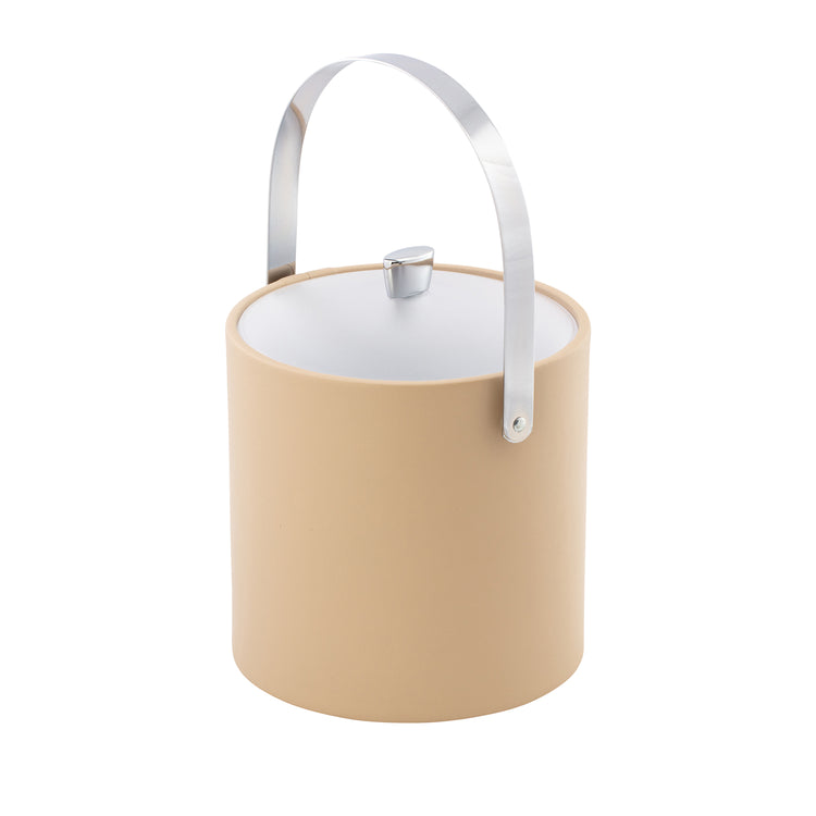 Beige | leatherette ice bucket with durable acrylic lid, chrome arc knob and a secure arch handle for easy carrying.