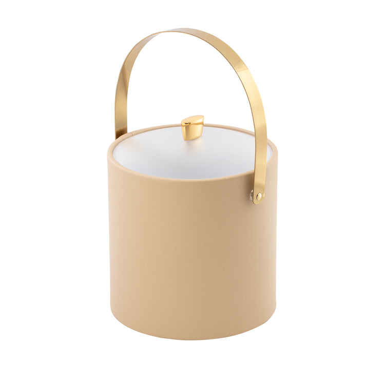 Beige | ice bucket perfect for home bars with an accented polished gold arc shaped knob and coordinating arch handle.