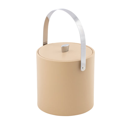 Beige | leatherette wrapped ice bucket with matching cover and chrome arc knob and carry handle on a white background.