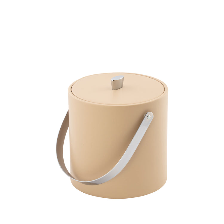 Beige | Stylish ice bucket with leatherette texture, chrome handle, and matching lid against white background.