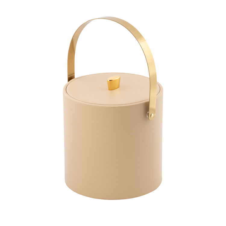 Beige | Leatherette ice bucket with matching leatherette lid, gold arc knob, and arch handle.