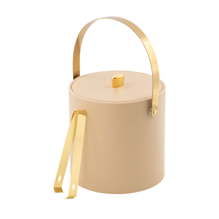 Beige | Sophisticated leatherette ice bucket with arch handle and polished gold knob on top.