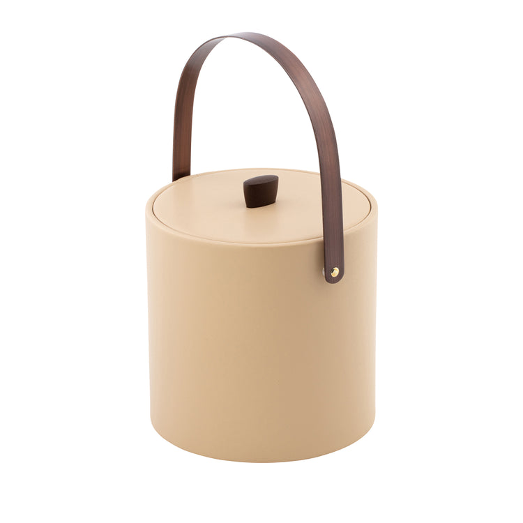 Beige | Detailed shot of bronze arc knob on matching lid of leatherette ice bucket.