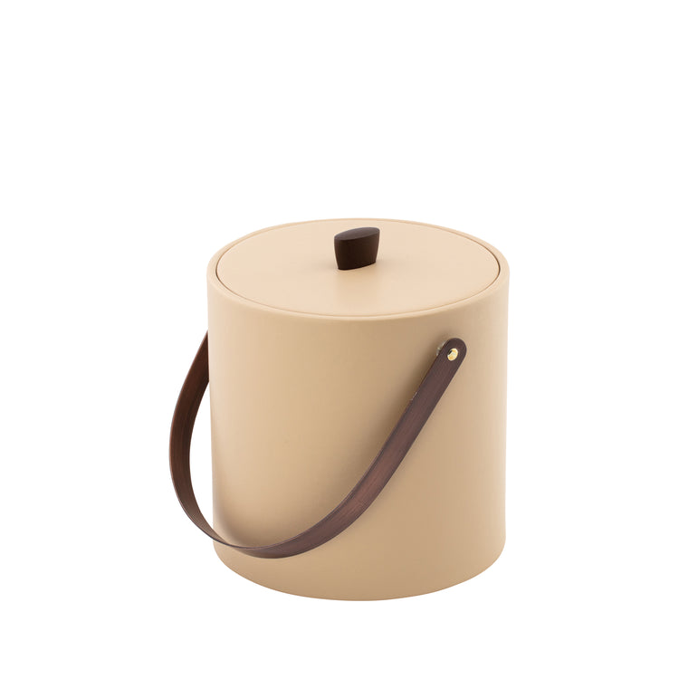 Beige | Front angle of ice bucket with leatherette finish, matching lid, and warm bronze arc knob.