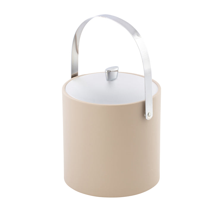 Taupe | Leatherette designed ice bucket with frosted acrylic cover, chrome arc knob, and sturdy arch handle.