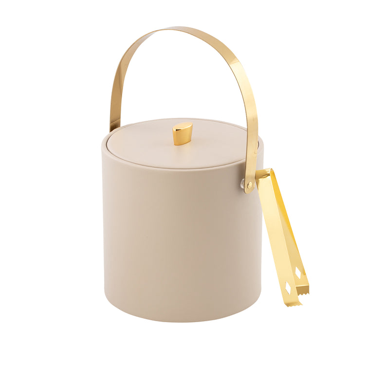 Taupe | Glossy gold arch handle and arc knob detailing on a matte leatherette ice bucket.
