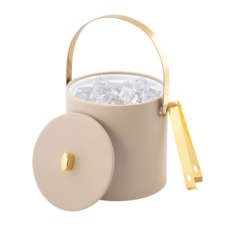 Taupe | Leatherette ice bucket with gold arc knob and arch handle.