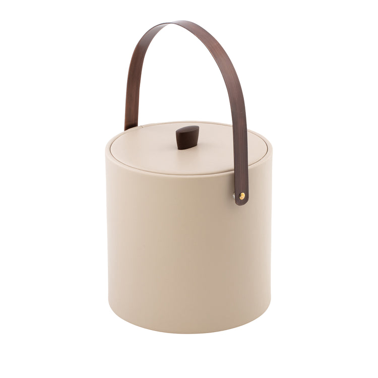 Taupe | Ice bucket with leatherette wrapping and matching oil-rubbed bronze lid and handle.