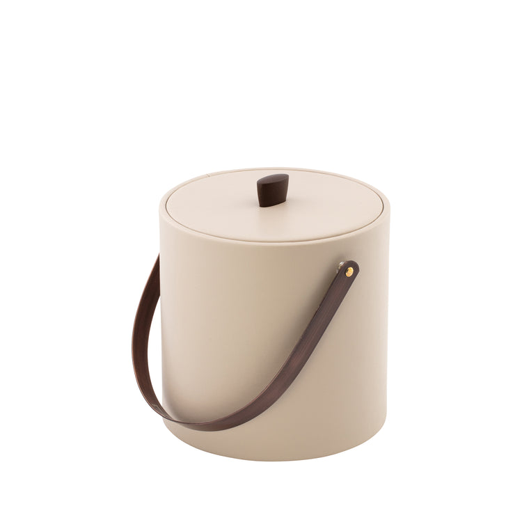 Taupe | angle showing the contrast of rich leatherette wrap and vintage style bronze knob.