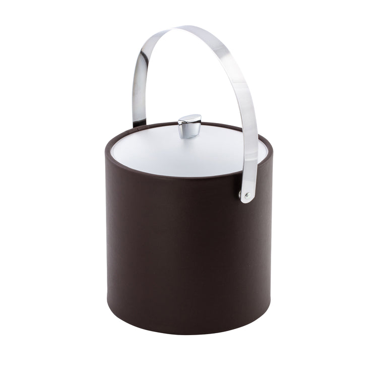 Chocolate | Ice bucket for entertaining with acrylic lid, polished chrome arc knob, and arch handle in focus.