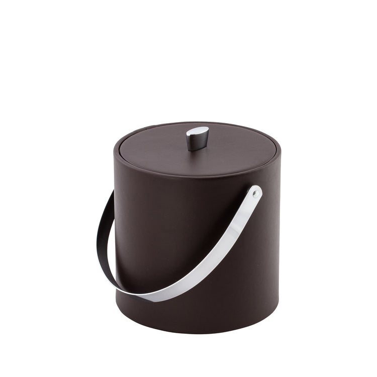 Chocolate | Ice bucket with leatherette texture and chrome hardware perfect home bars, displayed on a white surface.