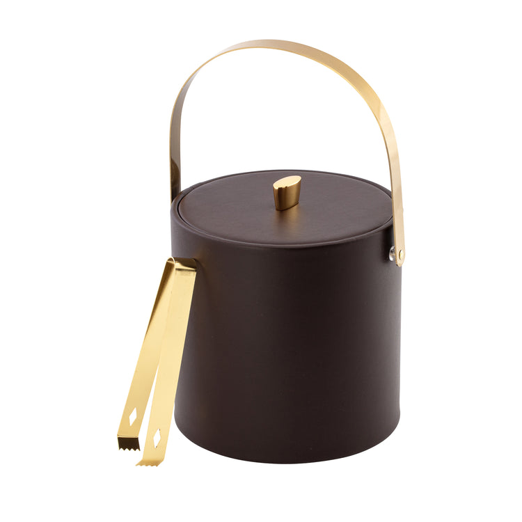Chocolate | Leatherette ice bucket with gold hardware and matching lid.