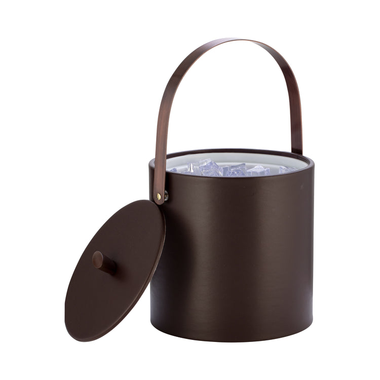Chocolate | Close up of arch handle and arc knob on a leatherette wrapped ice bucket.