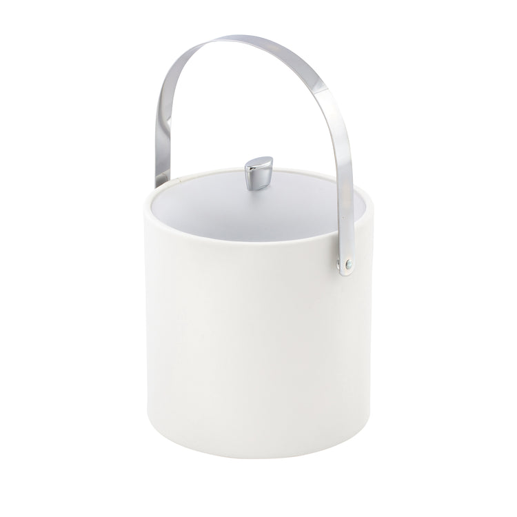 White | Sophisticated leatherette ice bucket with polished chrome arc knob and matching arch handle.