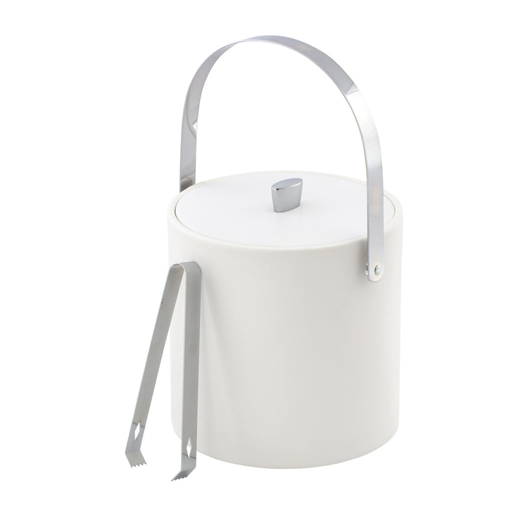 White | Chrome arc knob centered on a leatherette lid of ice bucket; detail shot on white surface.