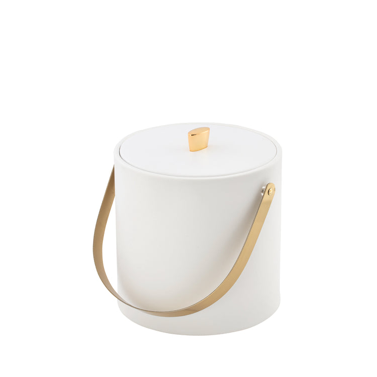 White | Elegant smooth leatherette ice bucket with gold arch handle and gold arc knob.