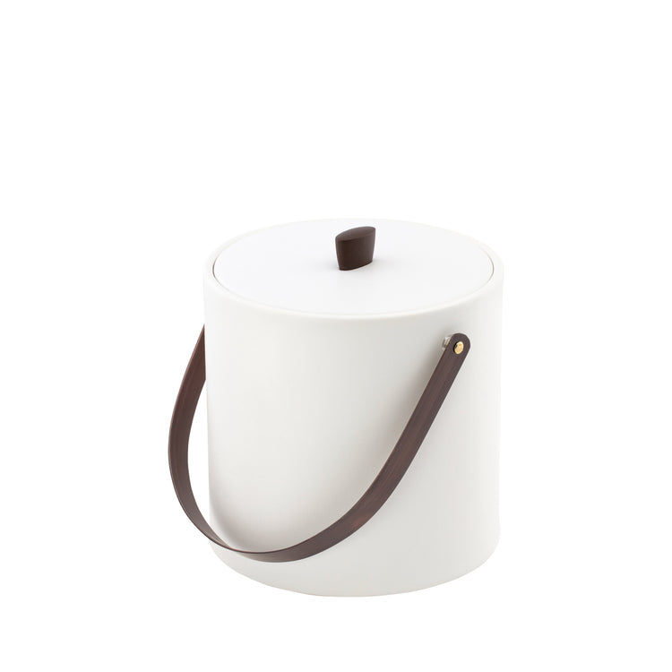 White | Leatherette ice bucket designed with functional and decorative bronze arch handle.