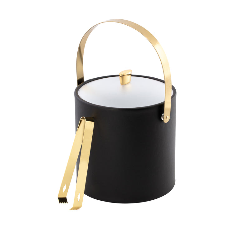 Black | 3QT ice bucket elegant and gold ice tong set featuring an acrylic lid with polished gold arc knob and arch handle.