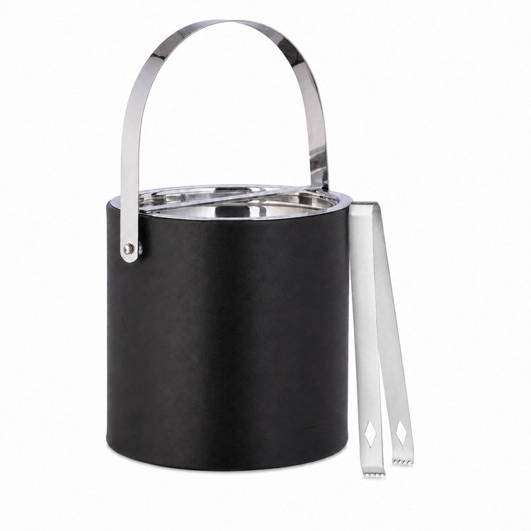 Black | ice bucket with polished chrome accents and handle, accompanied by a pair of tongs on a white background.