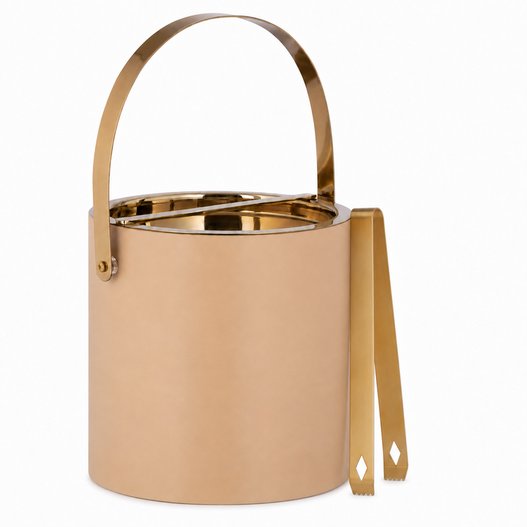 Beige | ice bucket with handle and tong on a white background