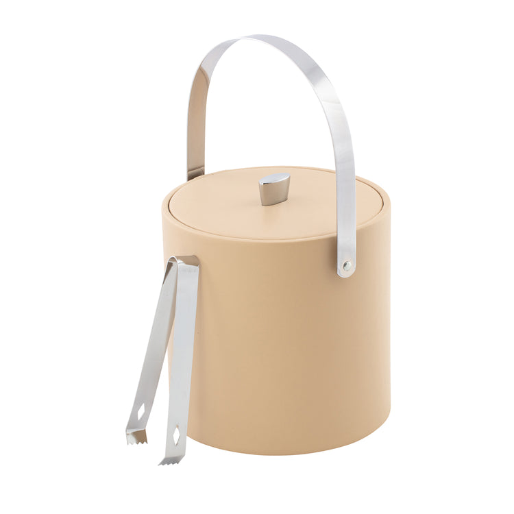 Beige | cylindrical ice bucket with a chrome handle and tongs on a white background