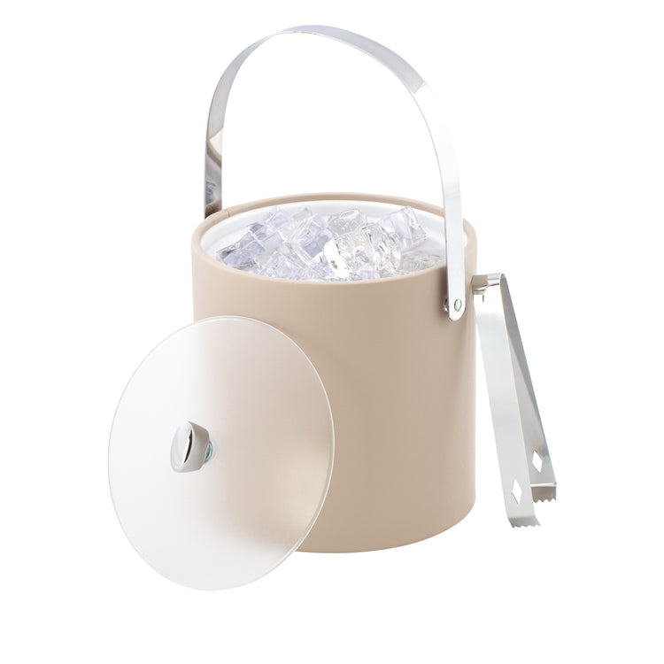 Taupe | 3qt ice bucket serving set with ice tongs, acrylic cover with arc knob arranged with ice filled to the top.