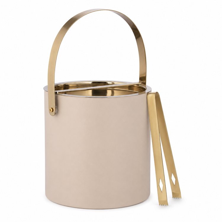 Taupe | ice bucket with gold handle and tongs on a white background